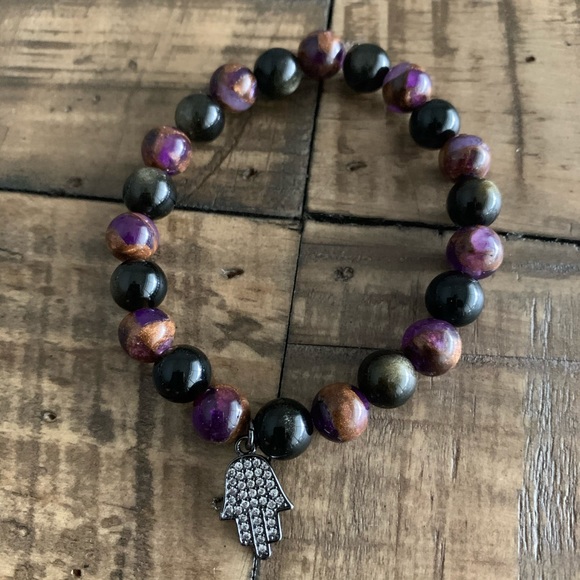 8mm Quartz & Obsidian Hamsa Chakra Bracelet - Picture 3 of 5